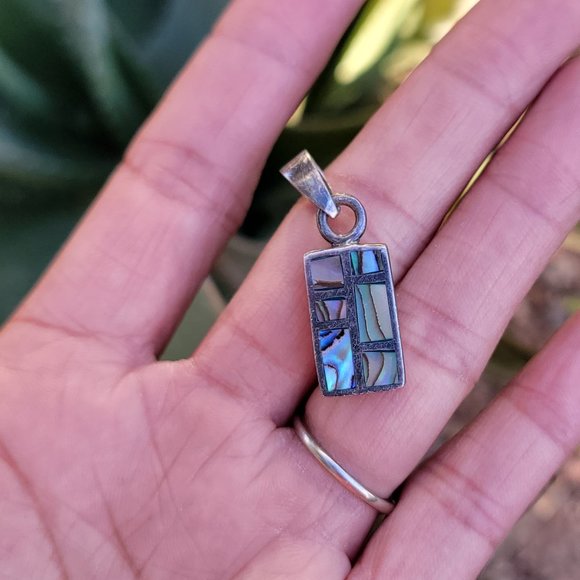 Southwestern vintage abalone shell inlay 925 sterling silver necklace pendant - Picture 11 of 13